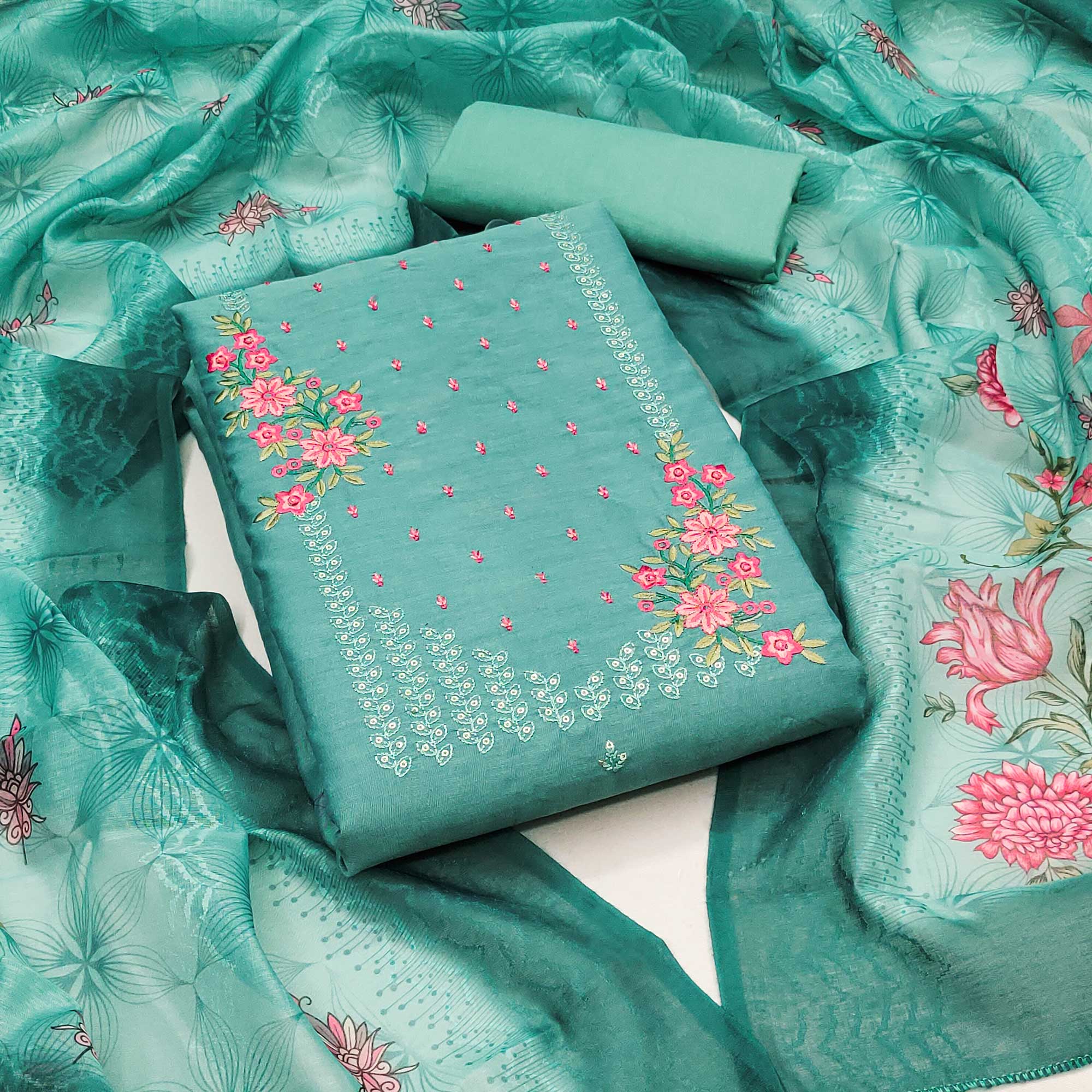 Rama Green Floral Embroidered Cotton Blend Dress Material