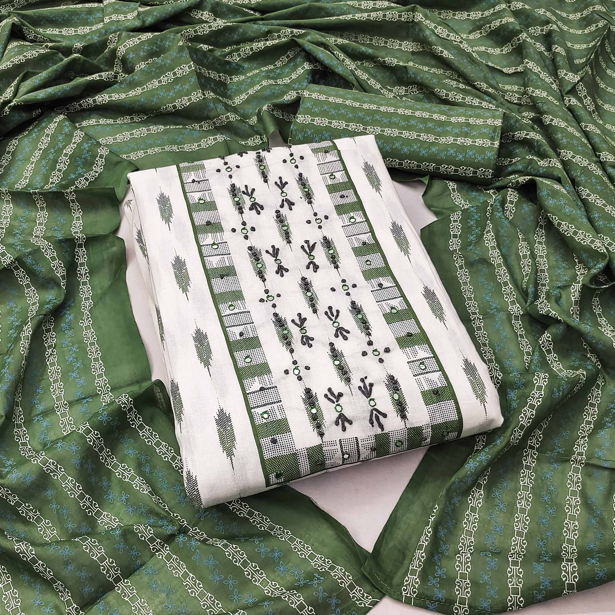 White & Green Printed Pure Cotton Dress Material