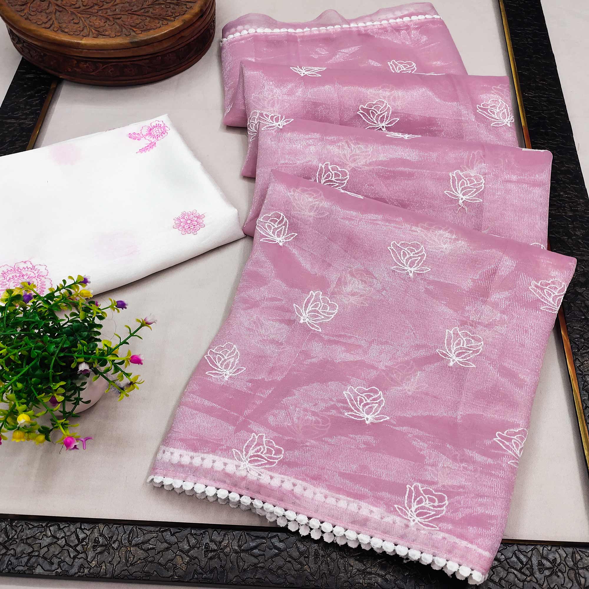 Pink Embroidered Net Saree