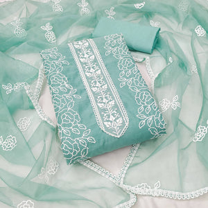 Sea Green Floral Embroidered Chanderi Dress Material