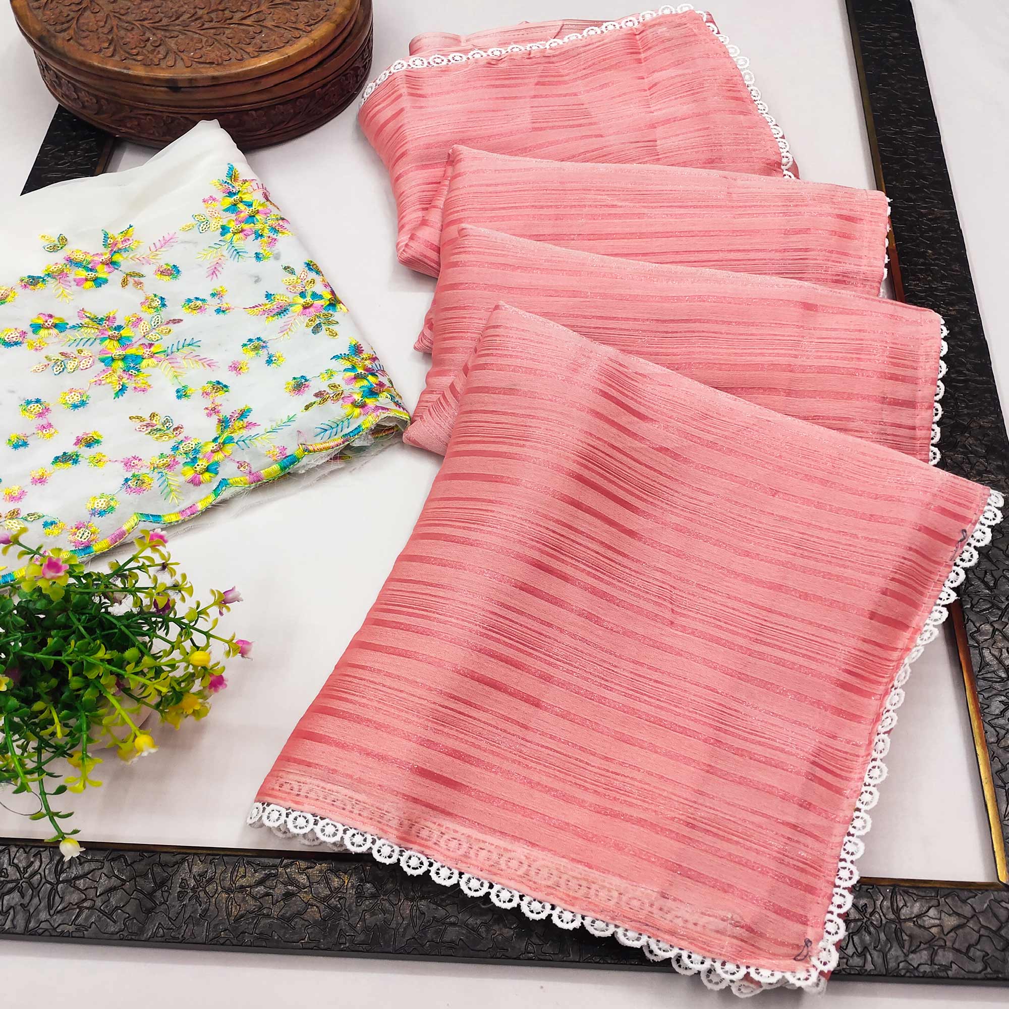 Peach Solid Woven Saree With Lace Border