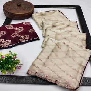 Beige Foil Printed Chiffon Saree With Embroidered Border