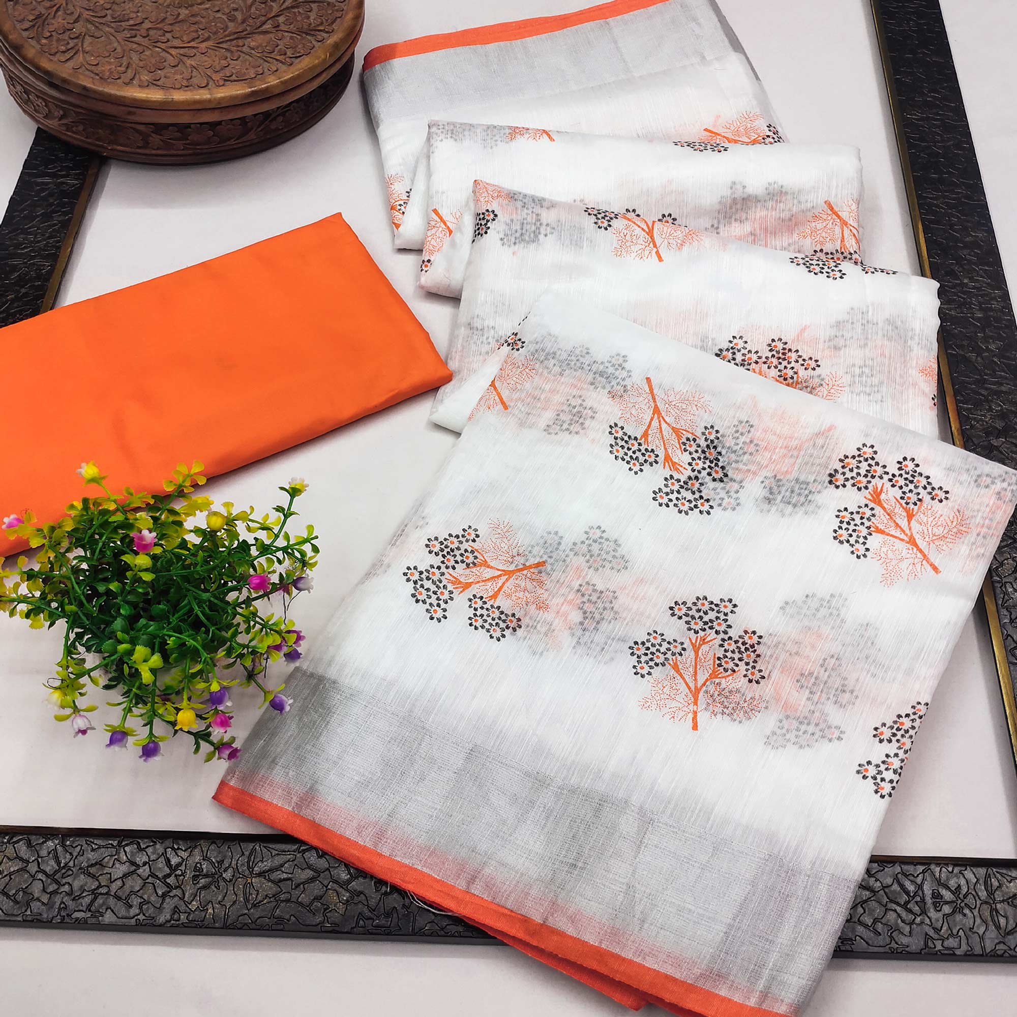 White & Orange Floral Printed Linen Saree