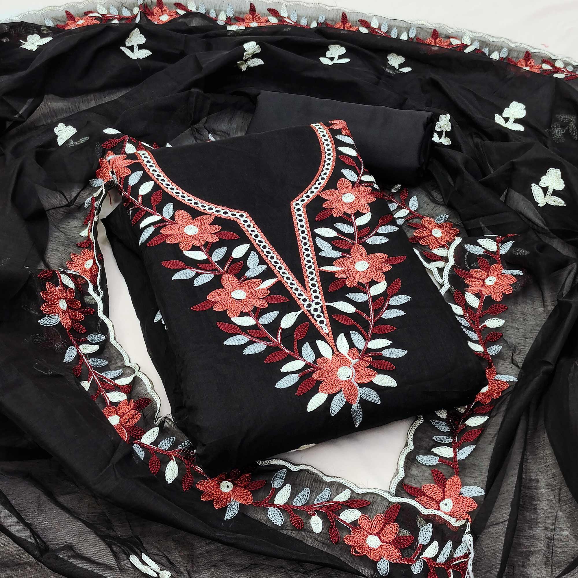 Black Floral Embroidered Chanderi Dress Material