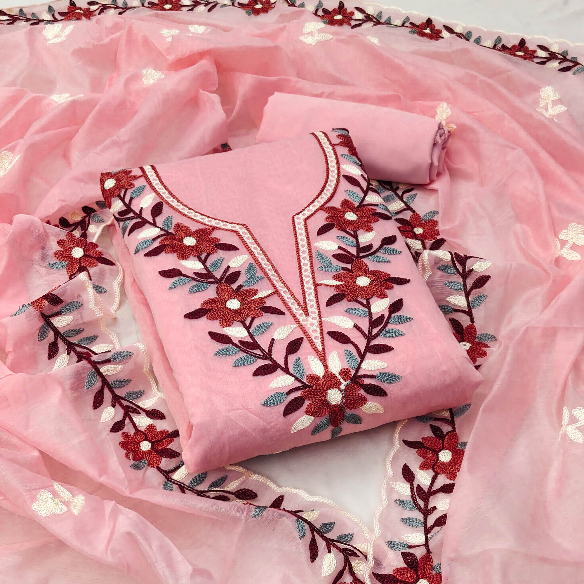 Pink Floral Embroidered Chanderi Dress Material