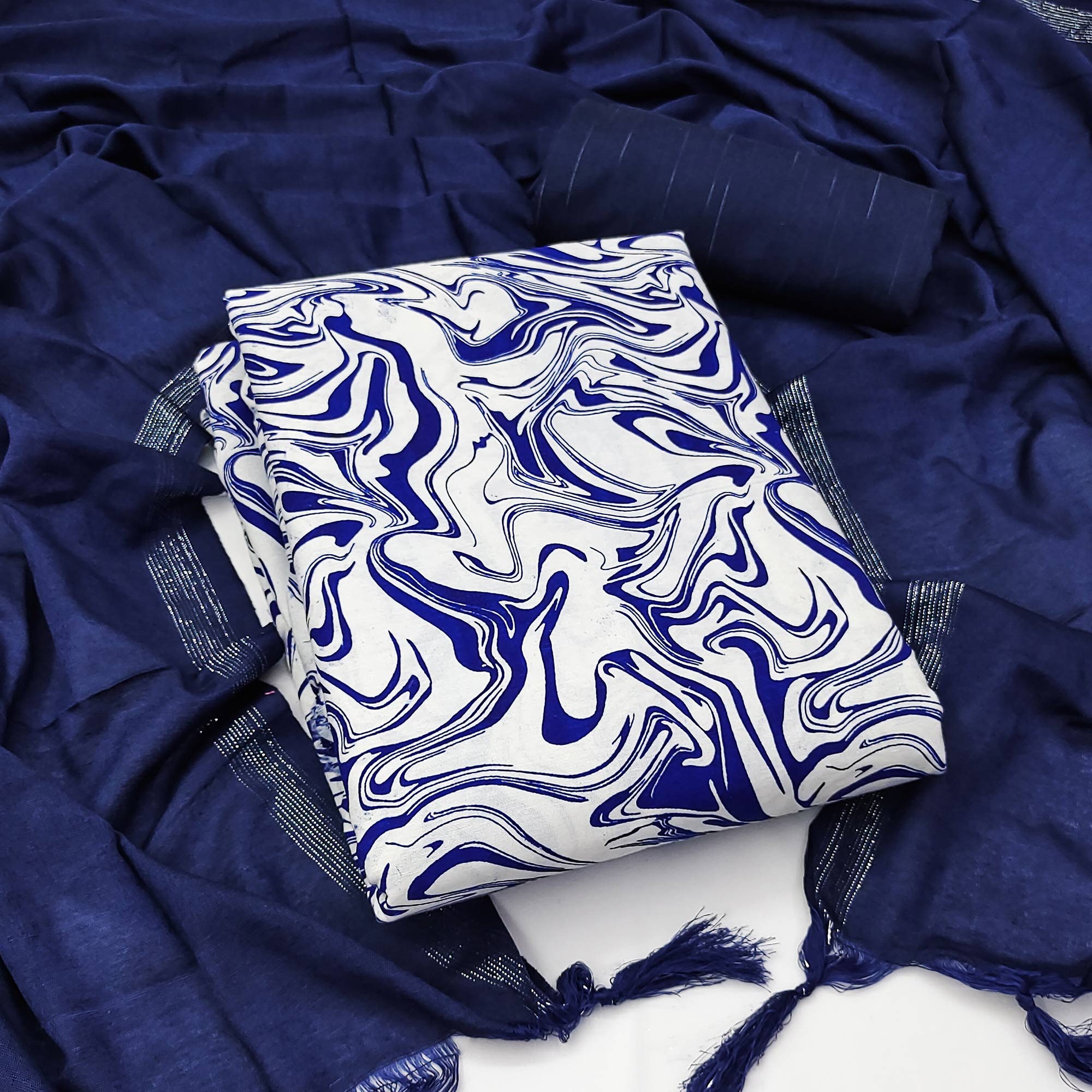 White & Blue Printed Pure Cotton Dress Material