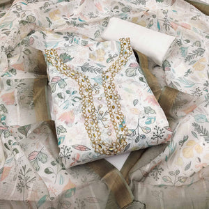 Off White Floral Printed Linen Dress Material