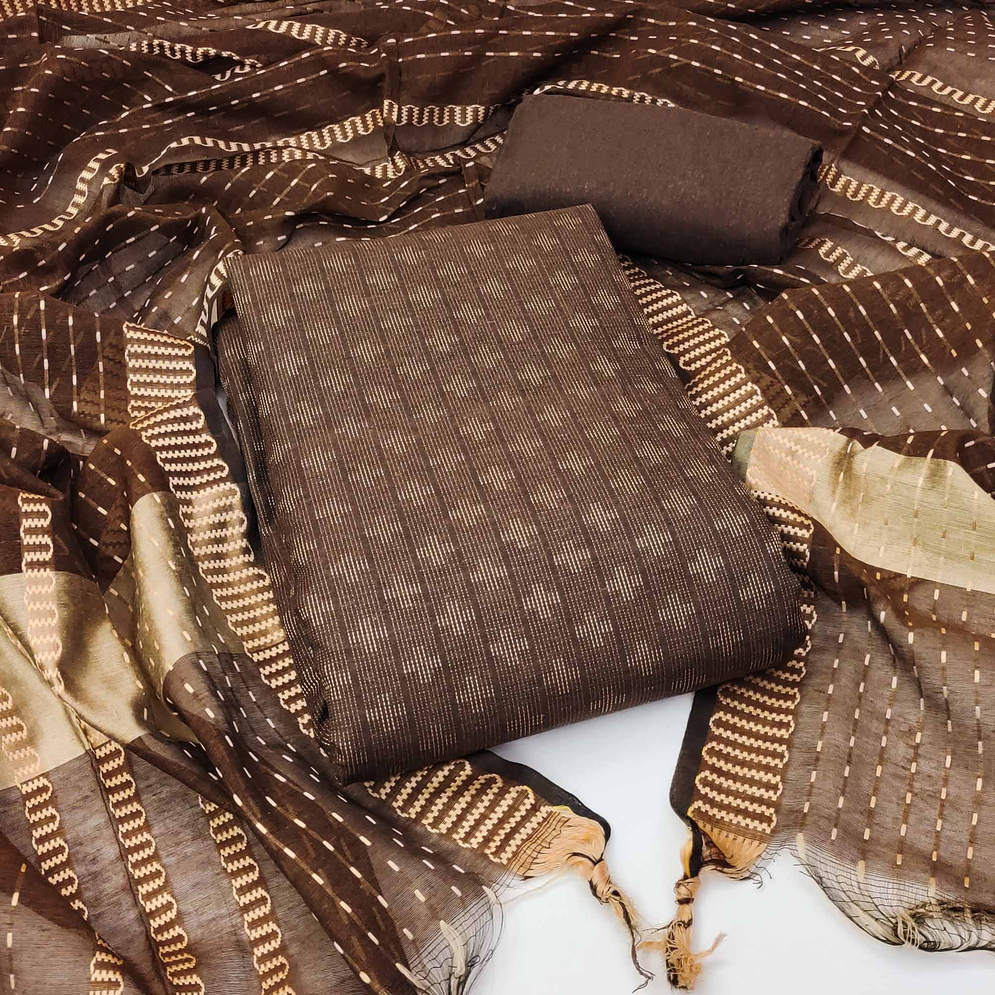 Brown Woven Pure Cotton Dress Material