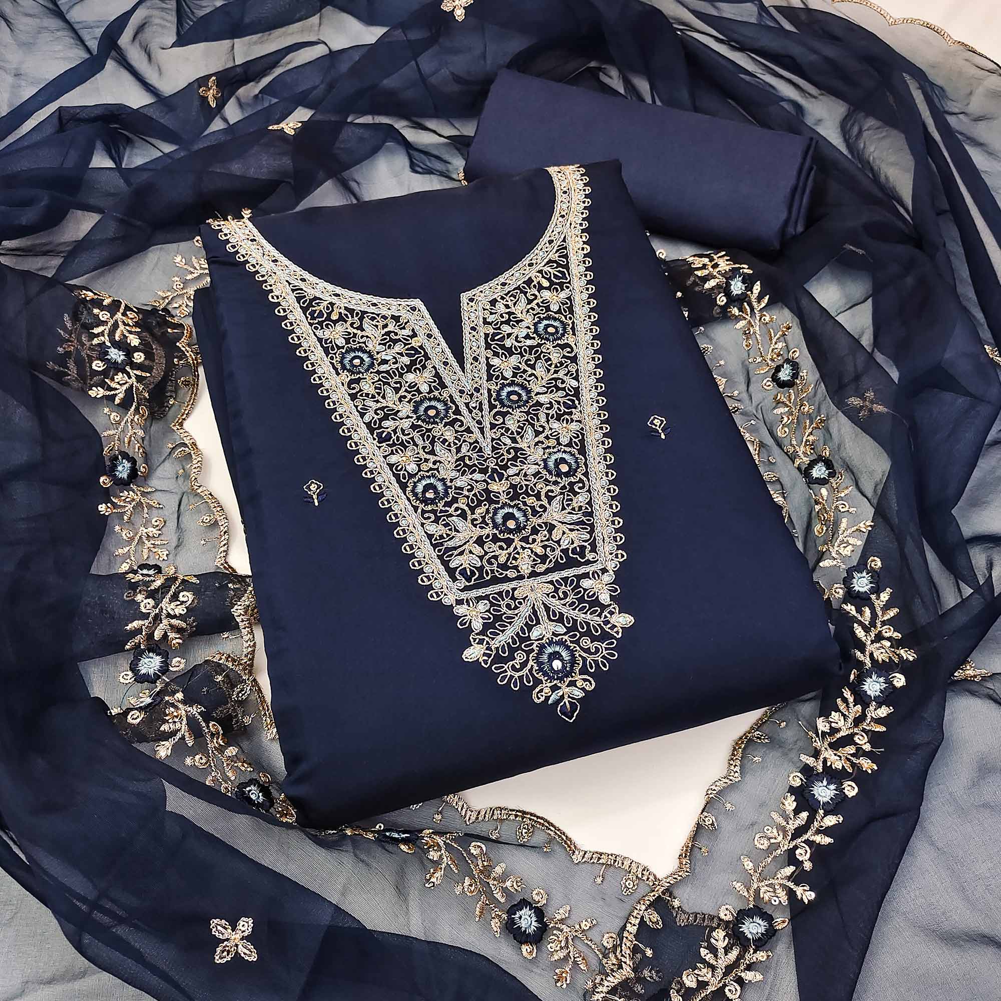 Blue Floral Embroidered Viscose Dress Material