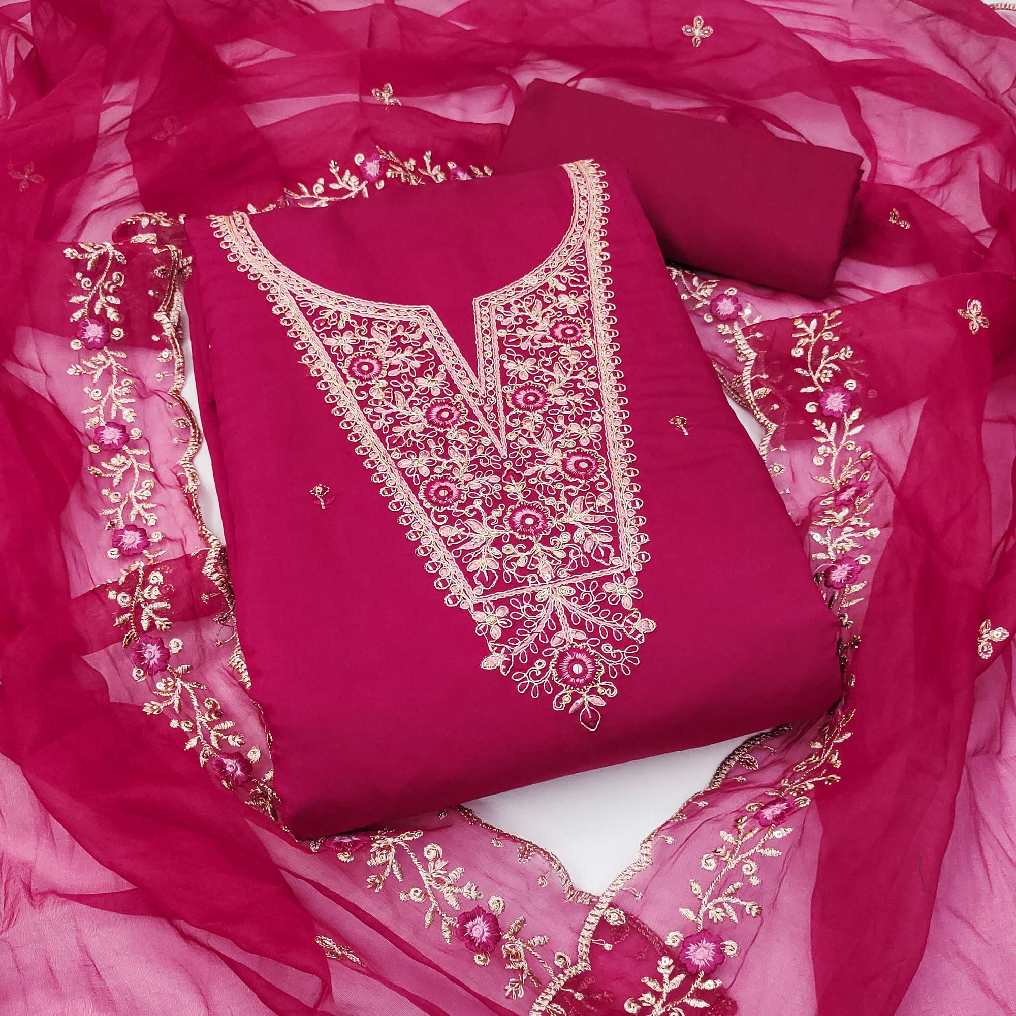 Pink Floral Embroidered Viscose Dress Material