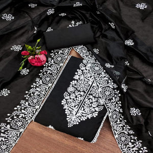 Black Floral Embroidered Chanderi Silk Dress Material