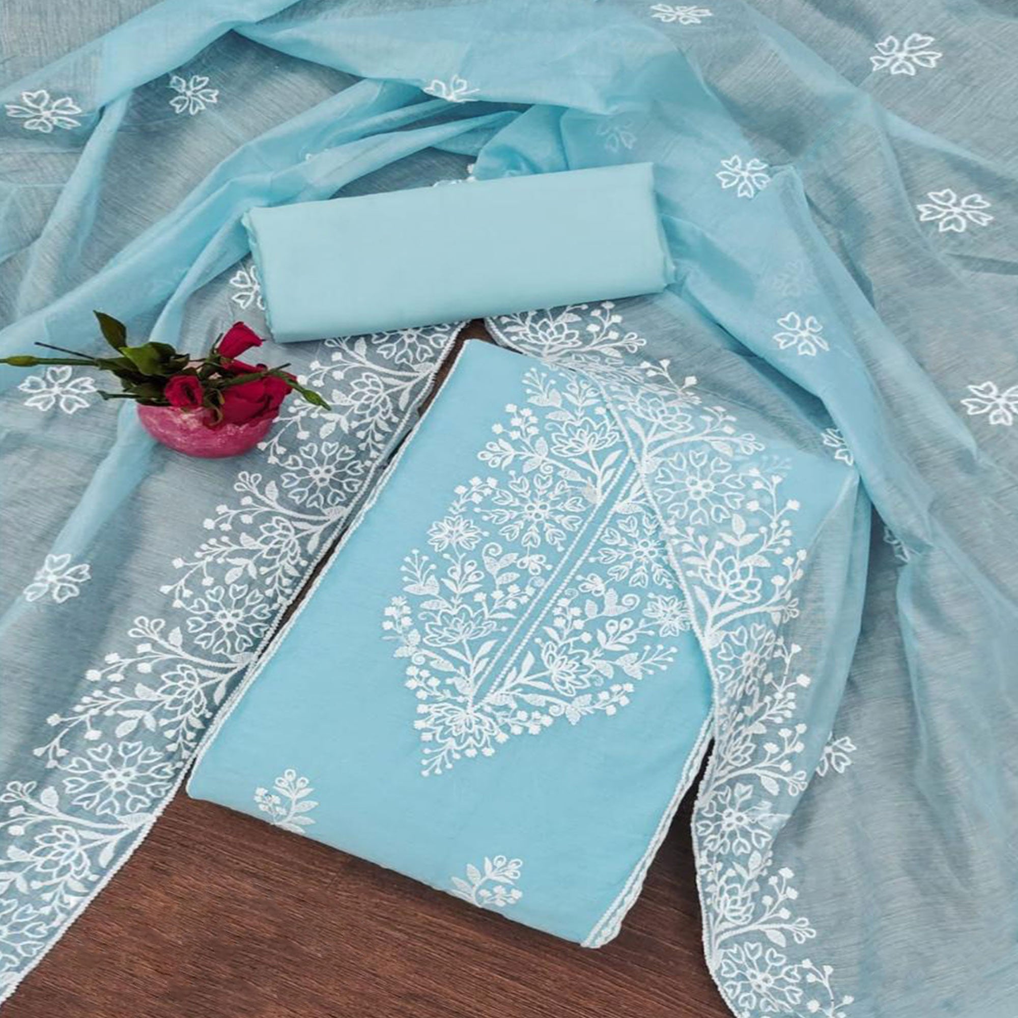 Sky Blue Floral Embroidered Chanderi Silk Dress Material