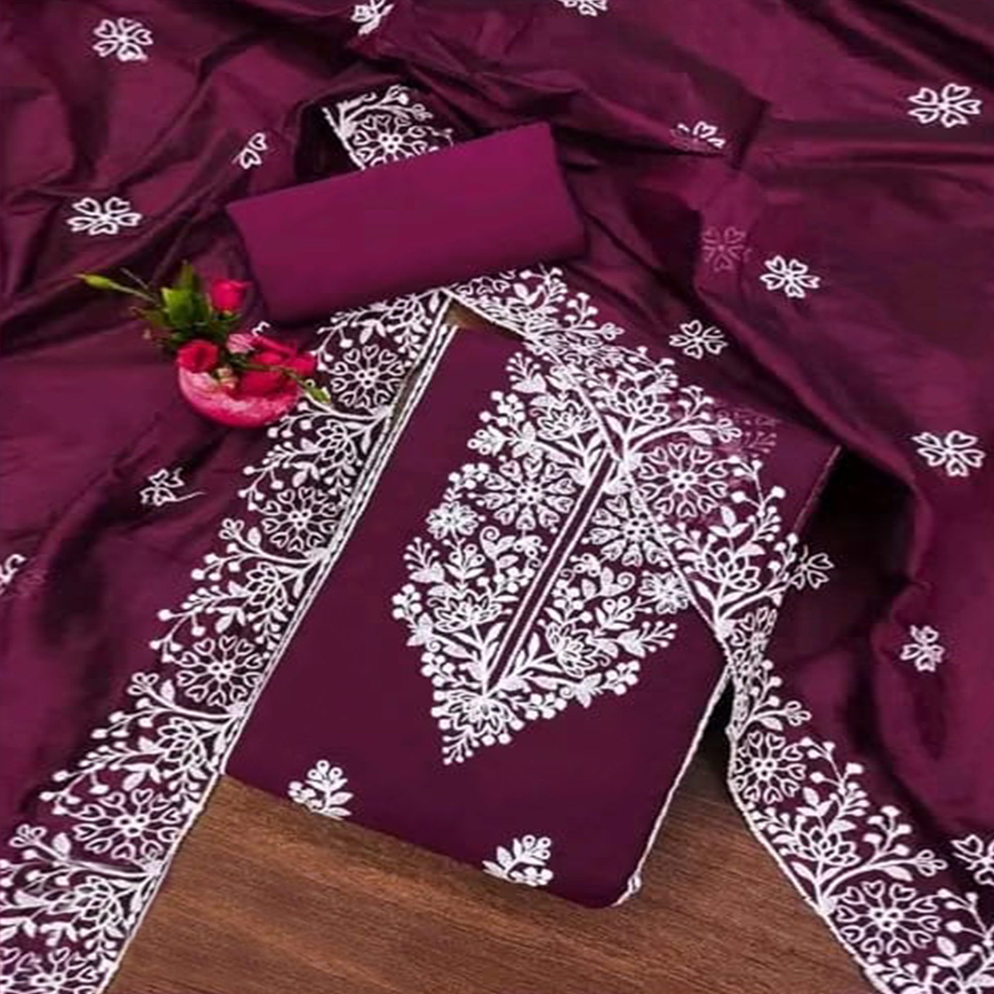 Wine Floral Embroidered Chanderi Silk Dress Material
