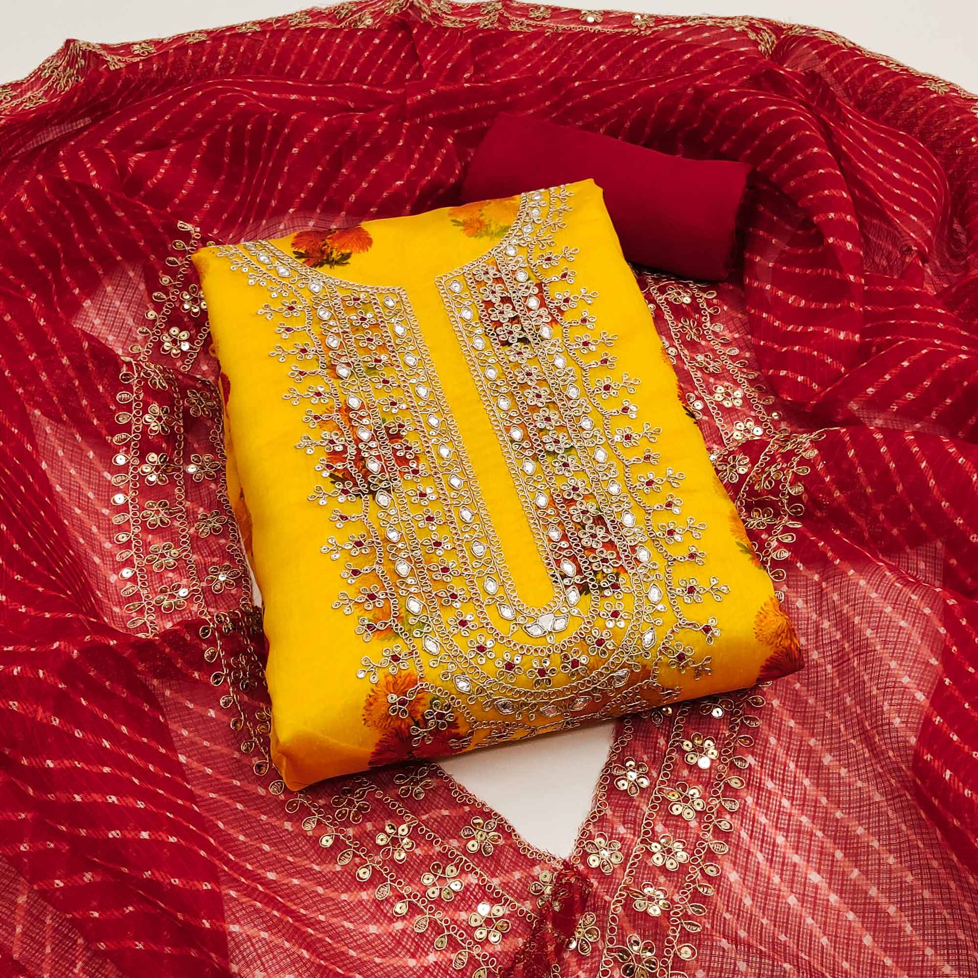 Yellow Floral Printed Chanderi Dress Material