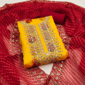 Yellow Floral Printed Chanderi Dress Material