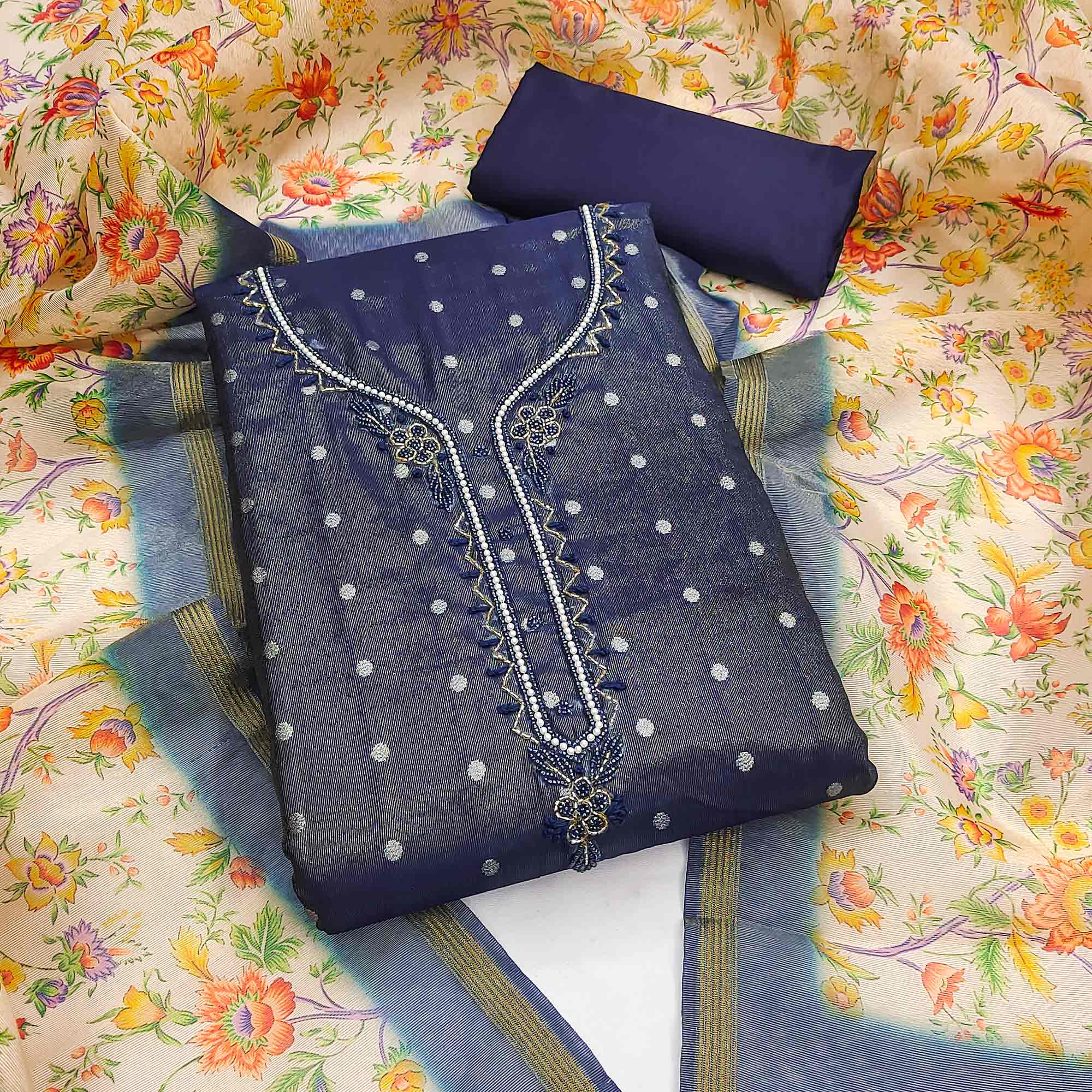 Blue Zari Work Woven Net Dress Material