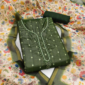 Festive Mehendi Green Net Dress Material Accented with Intricate Zari Weaving