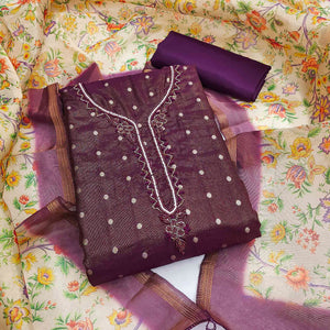 Wine Zari Work Woven Net Dress Material