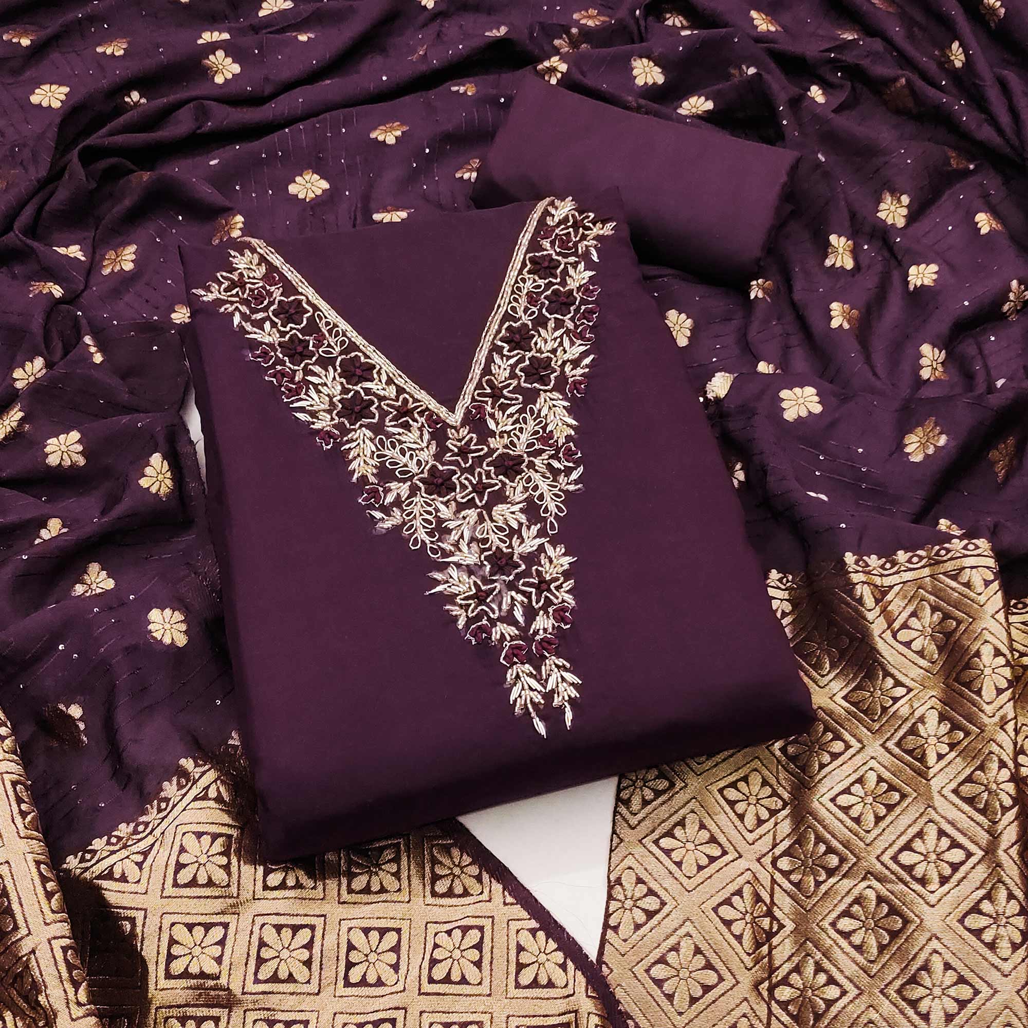 Purple Beads Embroidered Viscose Dress Material