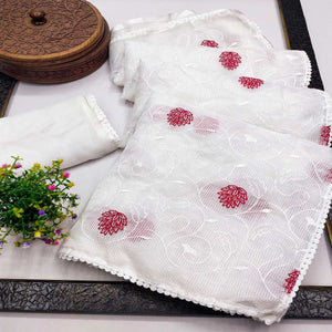 White Floral Embroidered Kota Doria Saree
