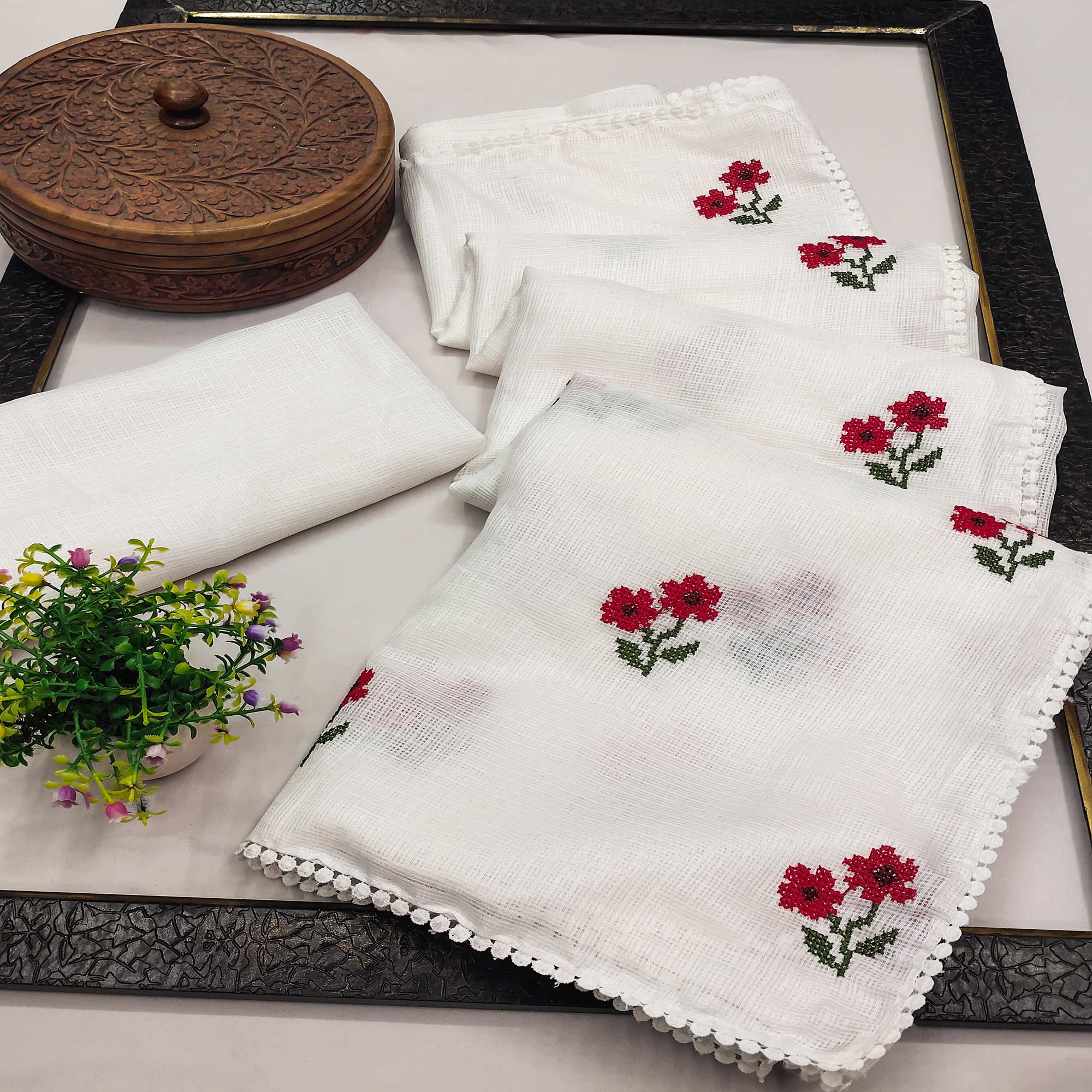 White Floral Embroidered Kota Doria Saree
