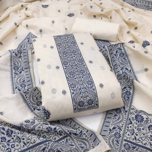 Off White & Navy Blue Woven Pure Cotton Dress Material