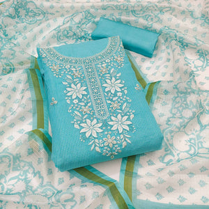 Turquoise Floral Embroidered Kota Doria Dress Material