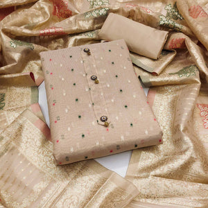 Beige Zari Weaving Banarasi Silk Dress Material