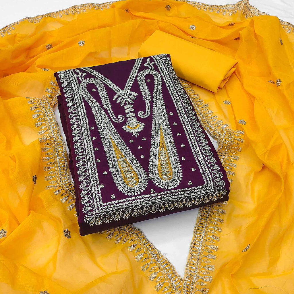Wine Chanderi Cotton Digital Printed Unstiched Suit Material