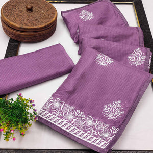 Elegant Light Purple Kota Doria Saree with Intricate Floral Embroidery Detailing