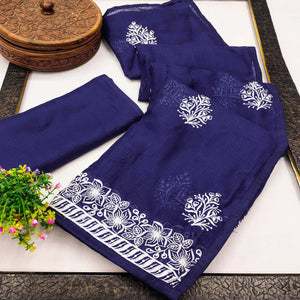 Elegant Navy Blue Kota Doria Saree with Intricate Floral Embroidery Detailing