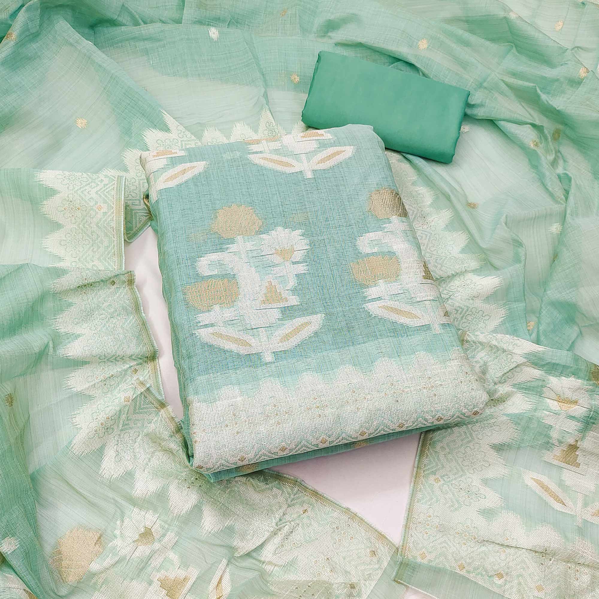 Turquoise Floral Woven Banarasi Silk Dress Material