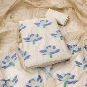 Cream & Blue Floral Woven Banarasi Silk Dress Material