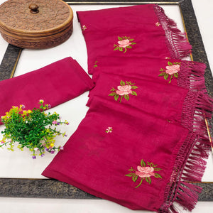 Pink Floral Embroidered Vichitra Silk Saree With Tassels