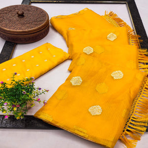 Yellow Floral Woven Organza Saree With Tassels