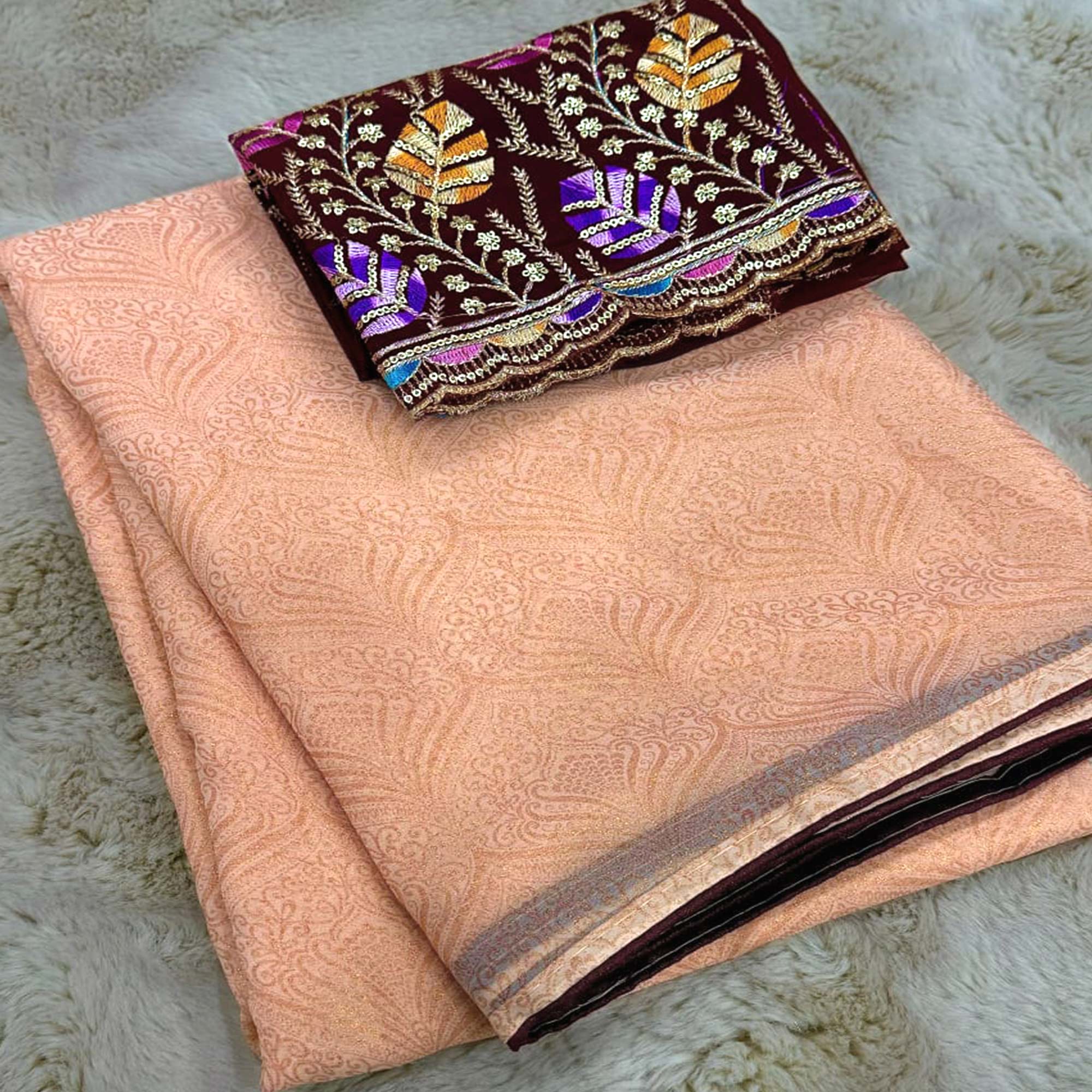 Light Peach Floral Printed Georgette Saree