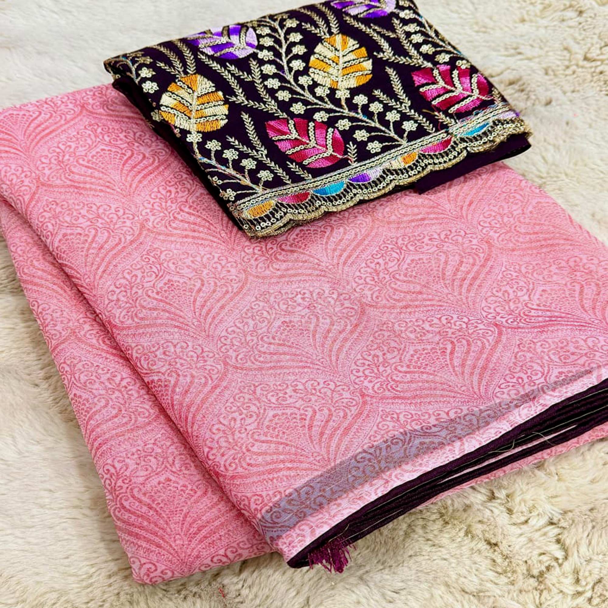 Pink Floral Printed Georgette Saree