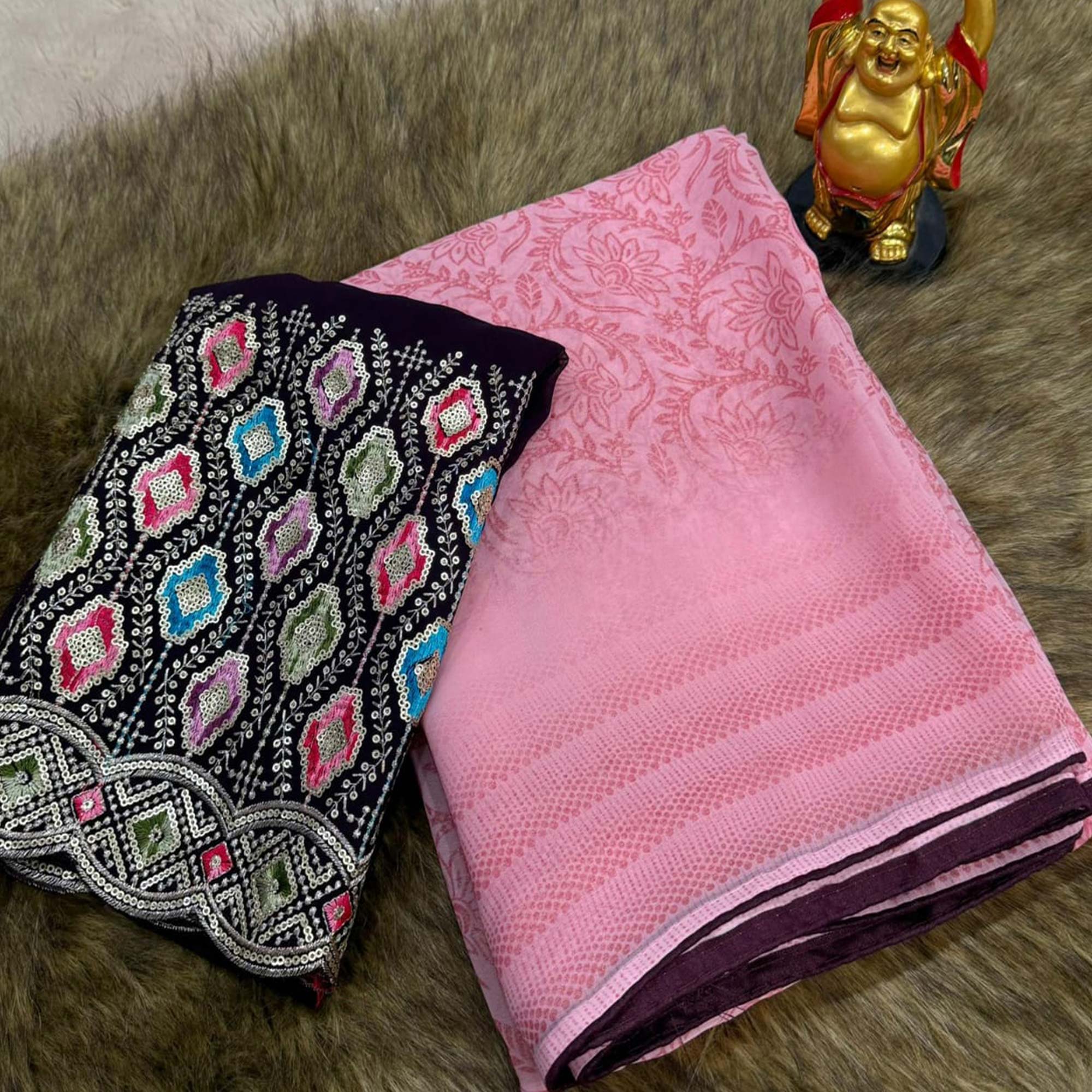 Pink Floral Printed Georgette Saree