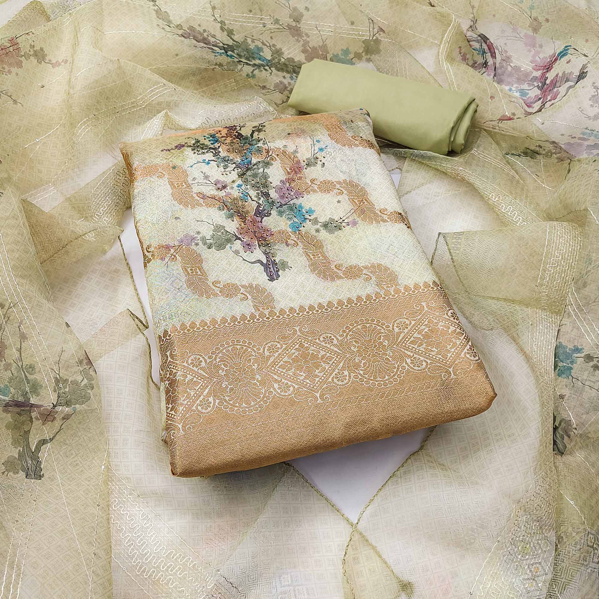 Light Green Woven With Digital Printed Organza Dress Material