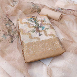 Soft Peach Woven With Digital Printed Organza Dress Material
