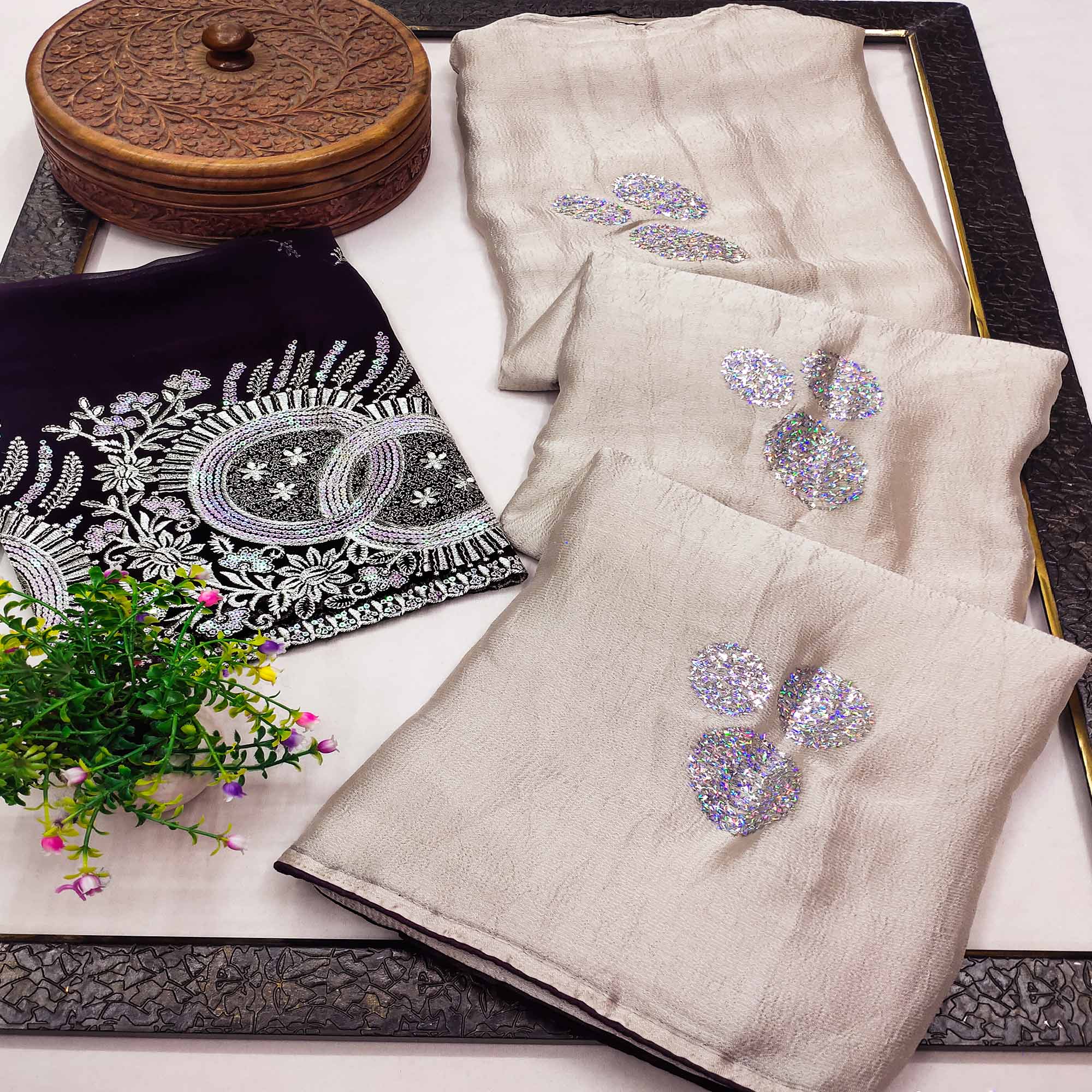 Beige Mirror Work Embroidered Chiffon Saree