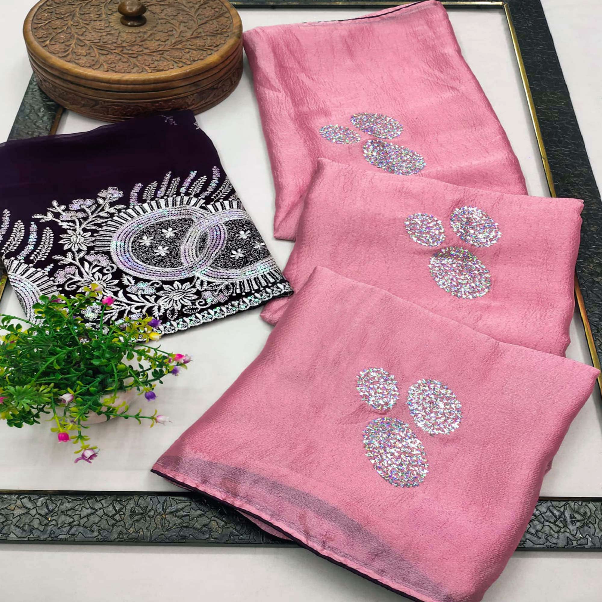Pink Mirror Work Embroidered Chiffon Saree