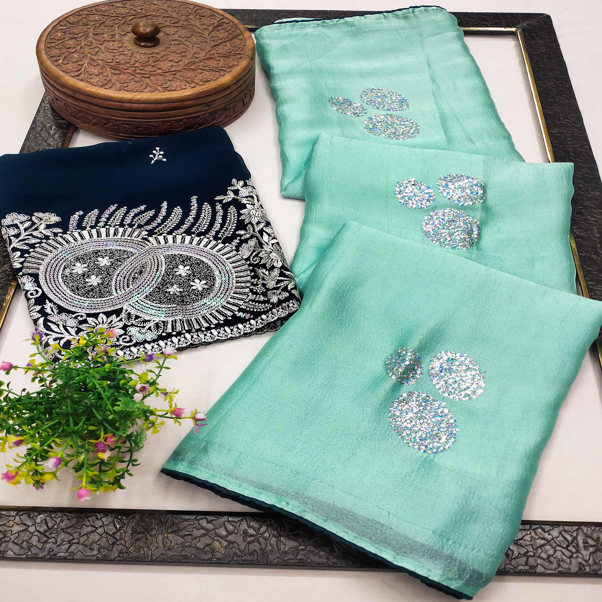 Sea Green Mirror Work Embroidered Chiffon Saree
