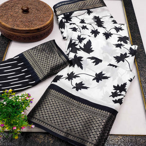 Off White & Black Floral Printed Dola Silk Saree With Zari Border