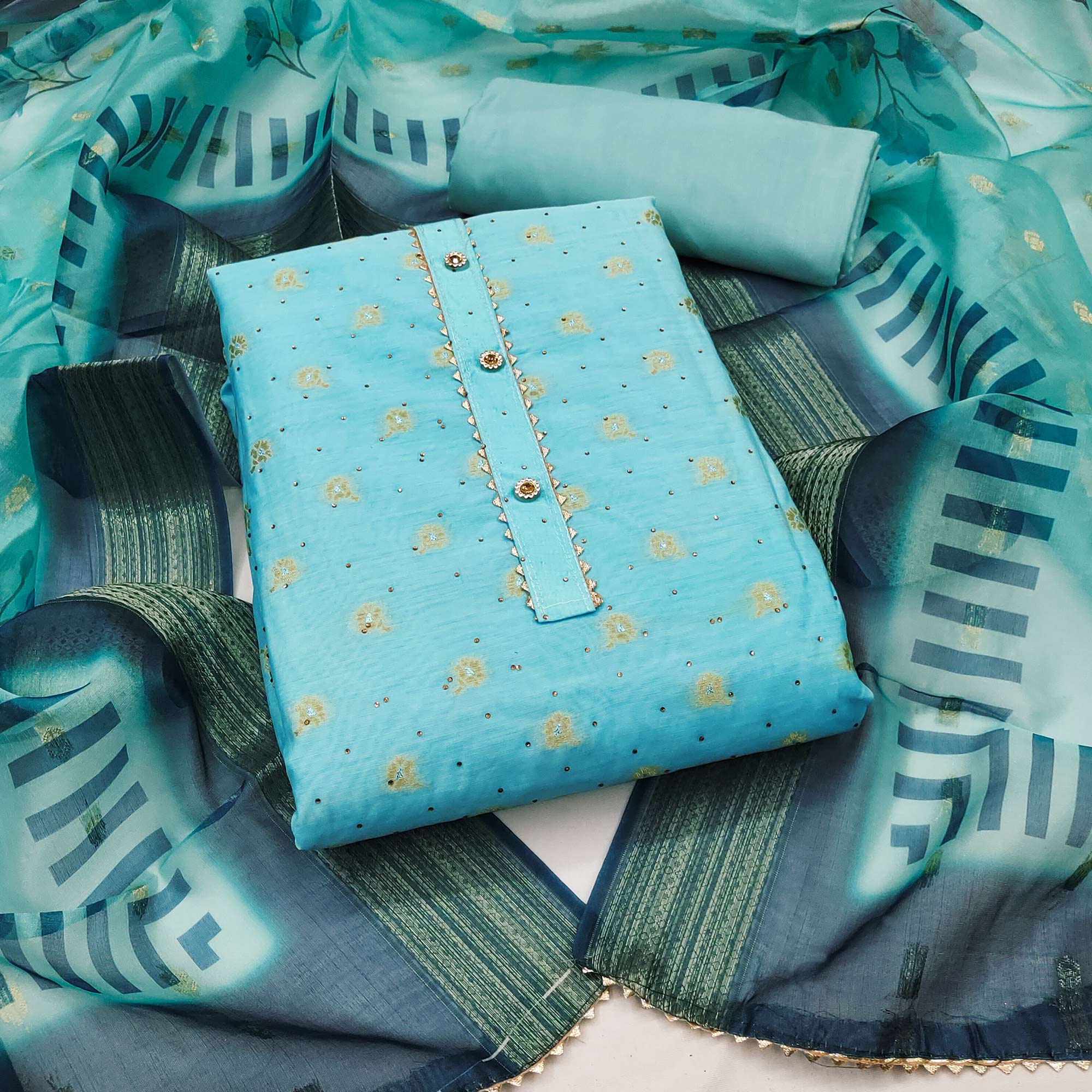 Turquoise Woven With Swarovski Work Banarasi Silk Dress Material