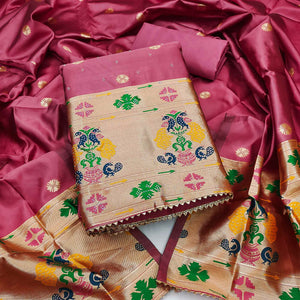 Gajari Pink Floral Woven With Swarovski Work Banarasi Silk Dress Material
