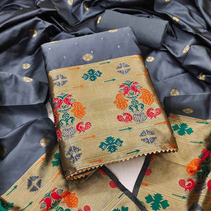 Grey Floral Woven With Swarovski Work Banarasi Silk Dress Material