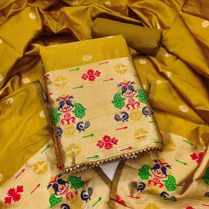 Mustard Floral Woven With Swarovski Work Banarasi Silk Dress Material