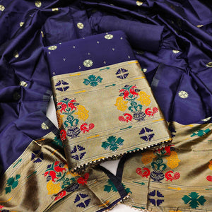 Navy Blue Floral Woven With Swarovski Work Banarasi Silk Dress Material