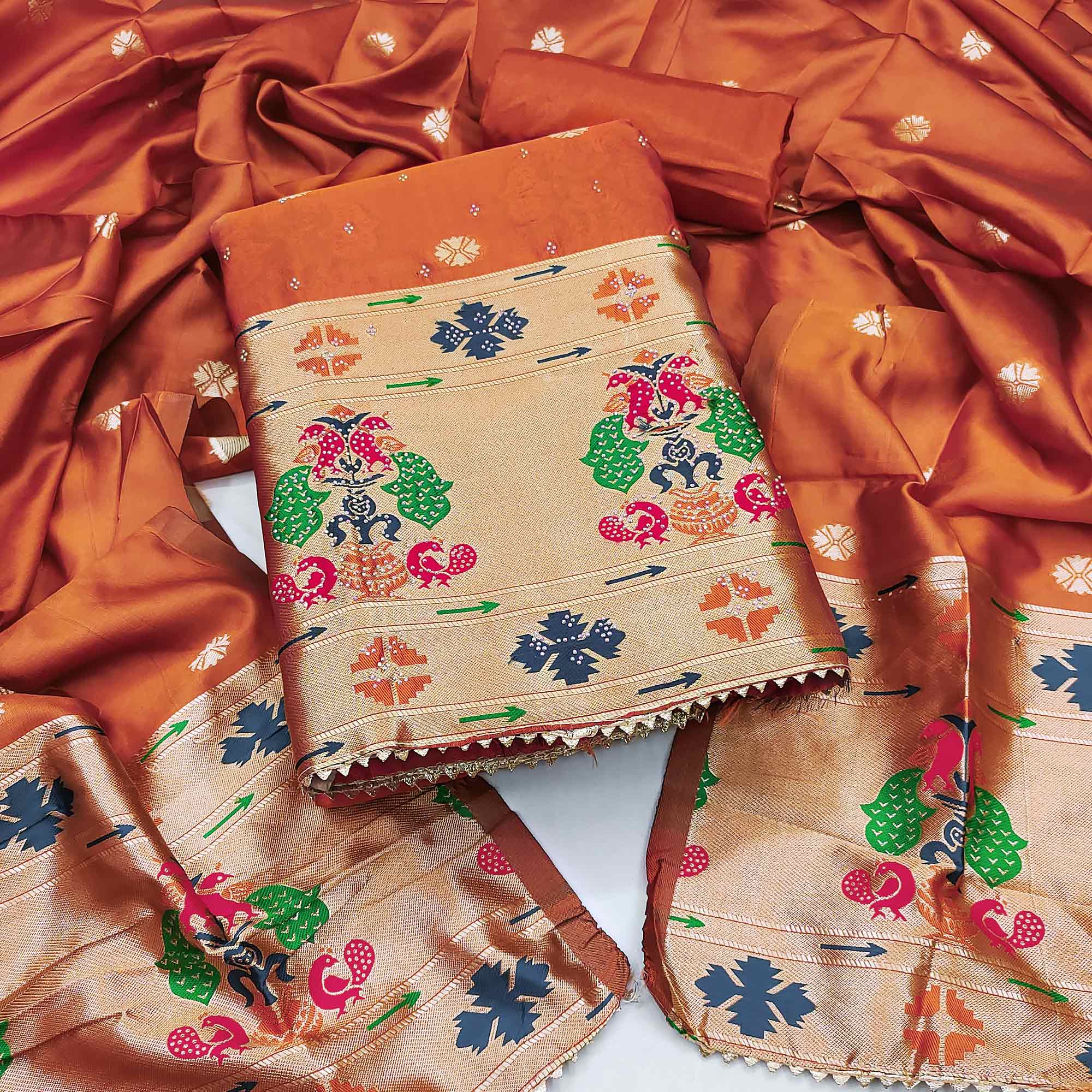 Orange Floral Woven With Swarovski Work Banarasi Silk Dress Material